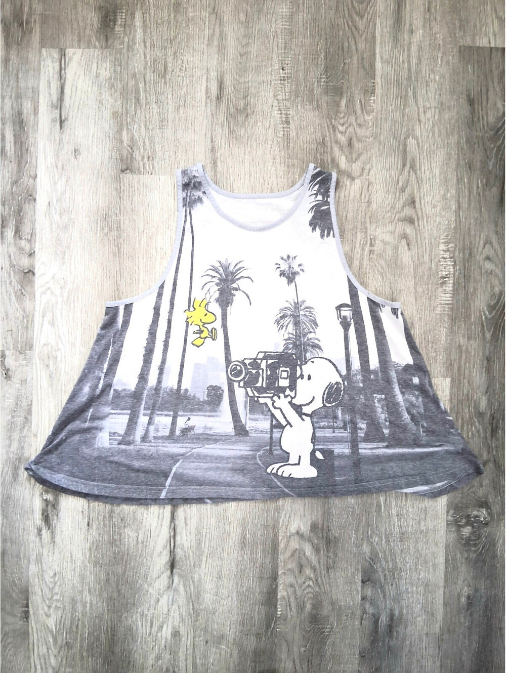 Peanuts Snoopy Woodstock Tank Top Woman's Lg Flowy Cropped Gray Graphic Shirt